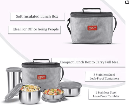 Milton Delicious Combo Stainless Steel Insulated Tiffin, Set of 3 Containers (200 ml, 320 ml, 500 ml) and 1 Tumbler, 380 ml, Grey | Airtight | Dishwasher-Safe | Easy to carry | Leak proof | Insulated | Food Grade | Odour Proof - Image 2